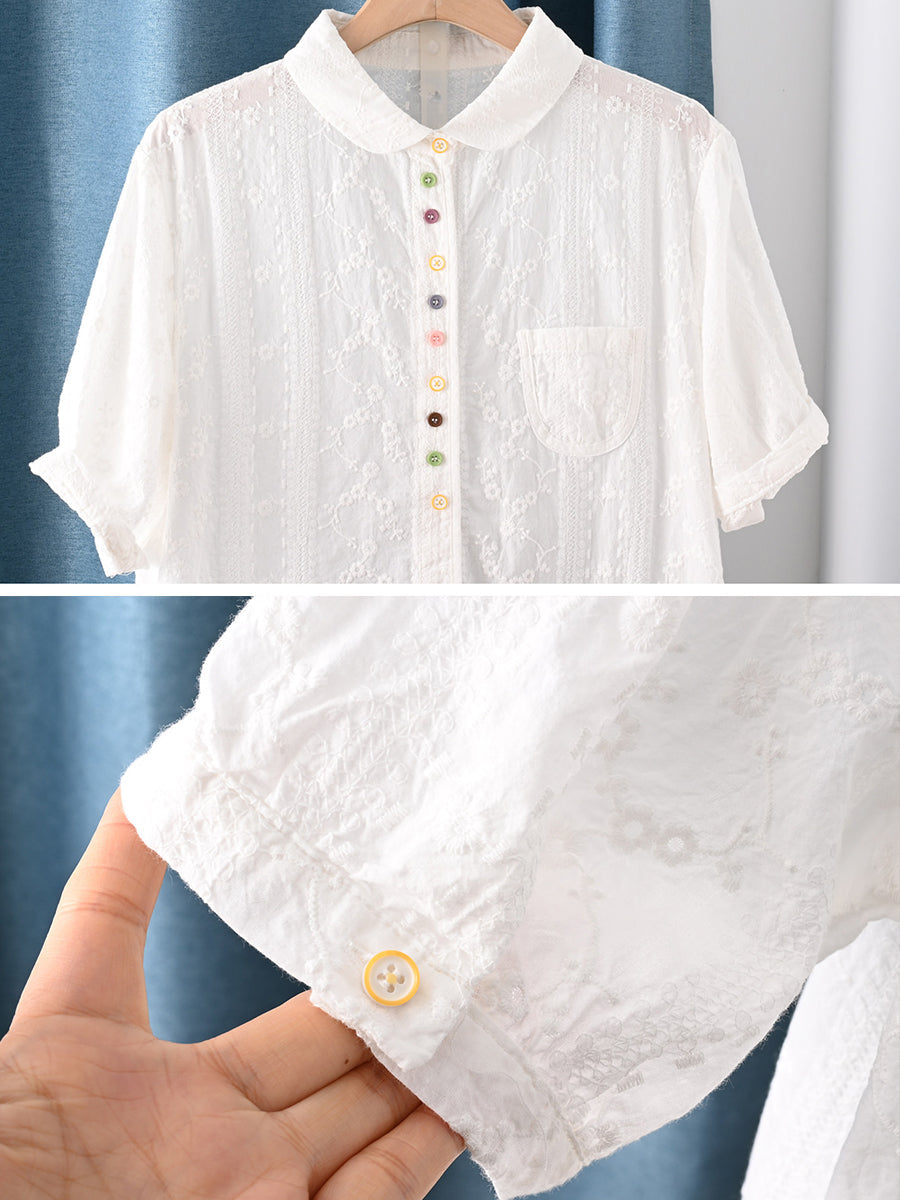 女士夏季藝術刺繡100%純棉襯衫