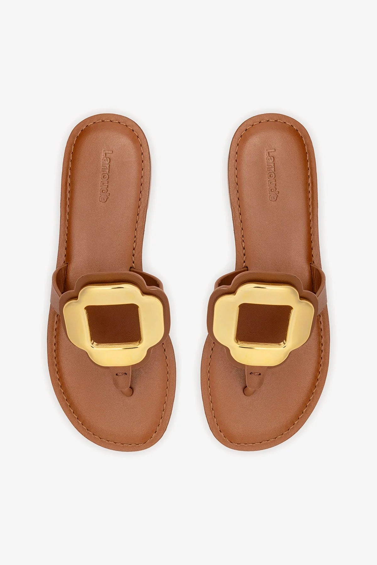Margherita Thong Sandal in Caramel Leather and Gold Hardware