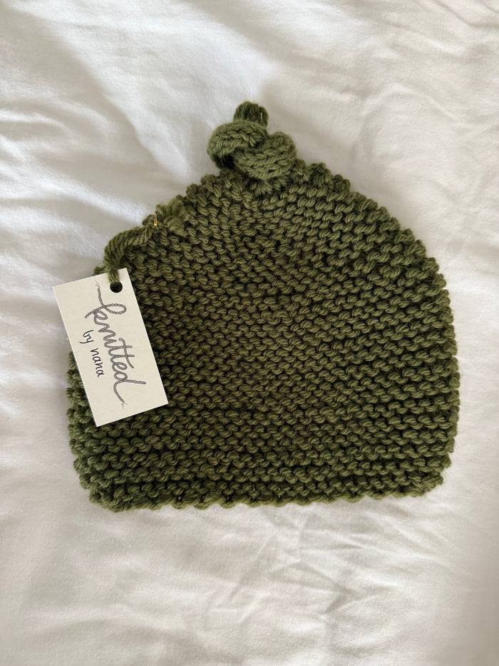 Knitted by Nana Top Knot Beanie - Moss
