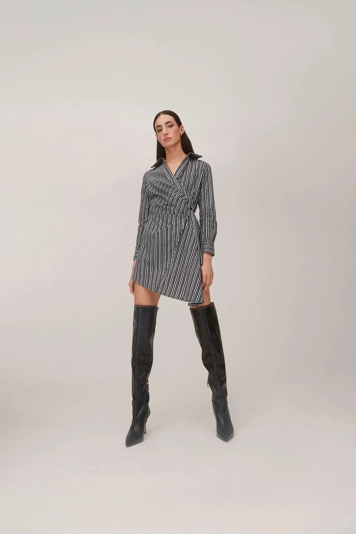 Sashi Wrap Dress In Black and White Striped Cotton