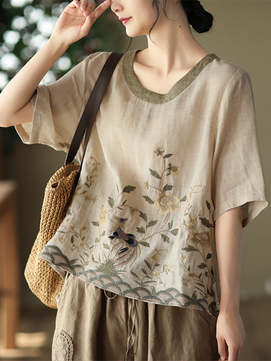 大尺碼女款休閒刺繡苧麻春季 T 卹