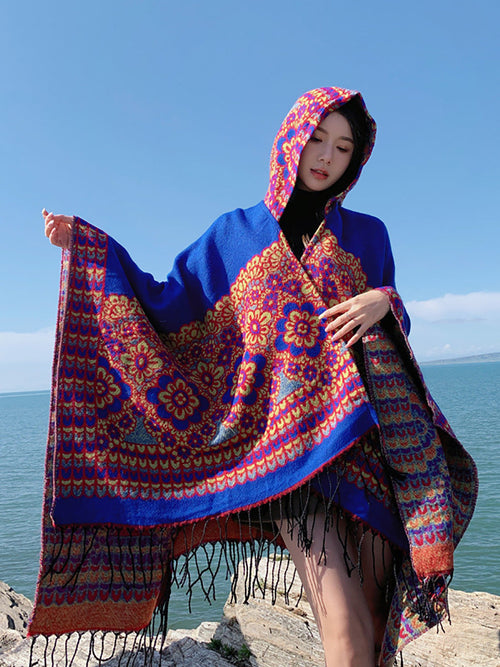 民族花卉印花流蘇旅行披肩圍巾