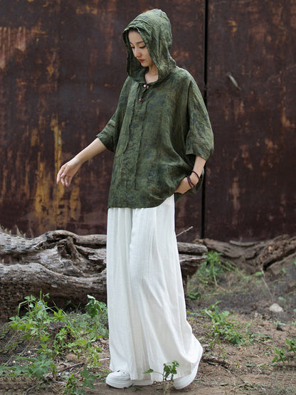 女款夏季復古紮染蝙蝠袖連帽襯衫