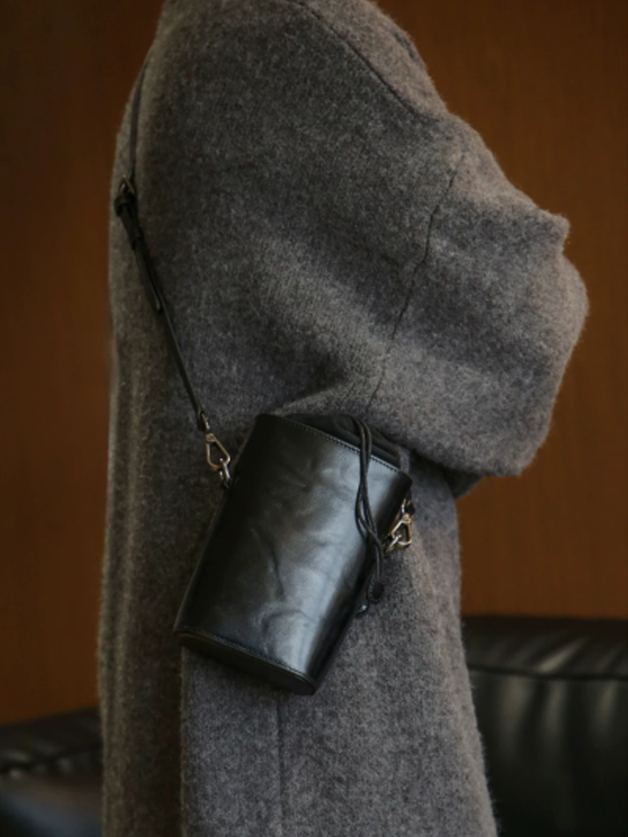 復古褶皺皮革迷你水桶包