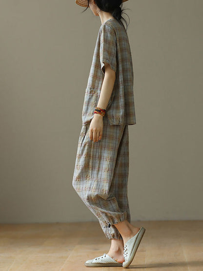 大尺碼亞麻格子抽繩兩件套