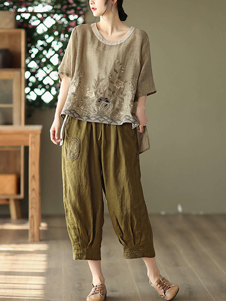 大尺碼女款休閒刺繡苧麻春季 T 卹