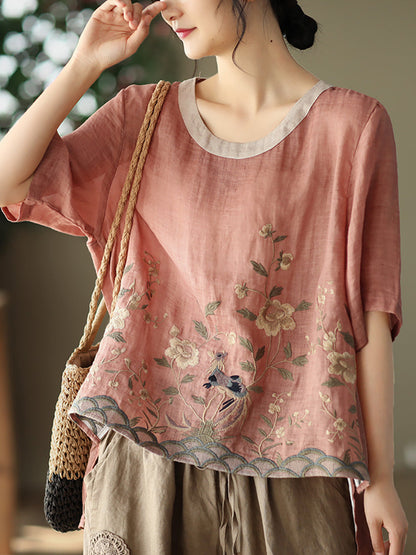 大尺碼女款休閒刺繡苧麻春季 T 卹
