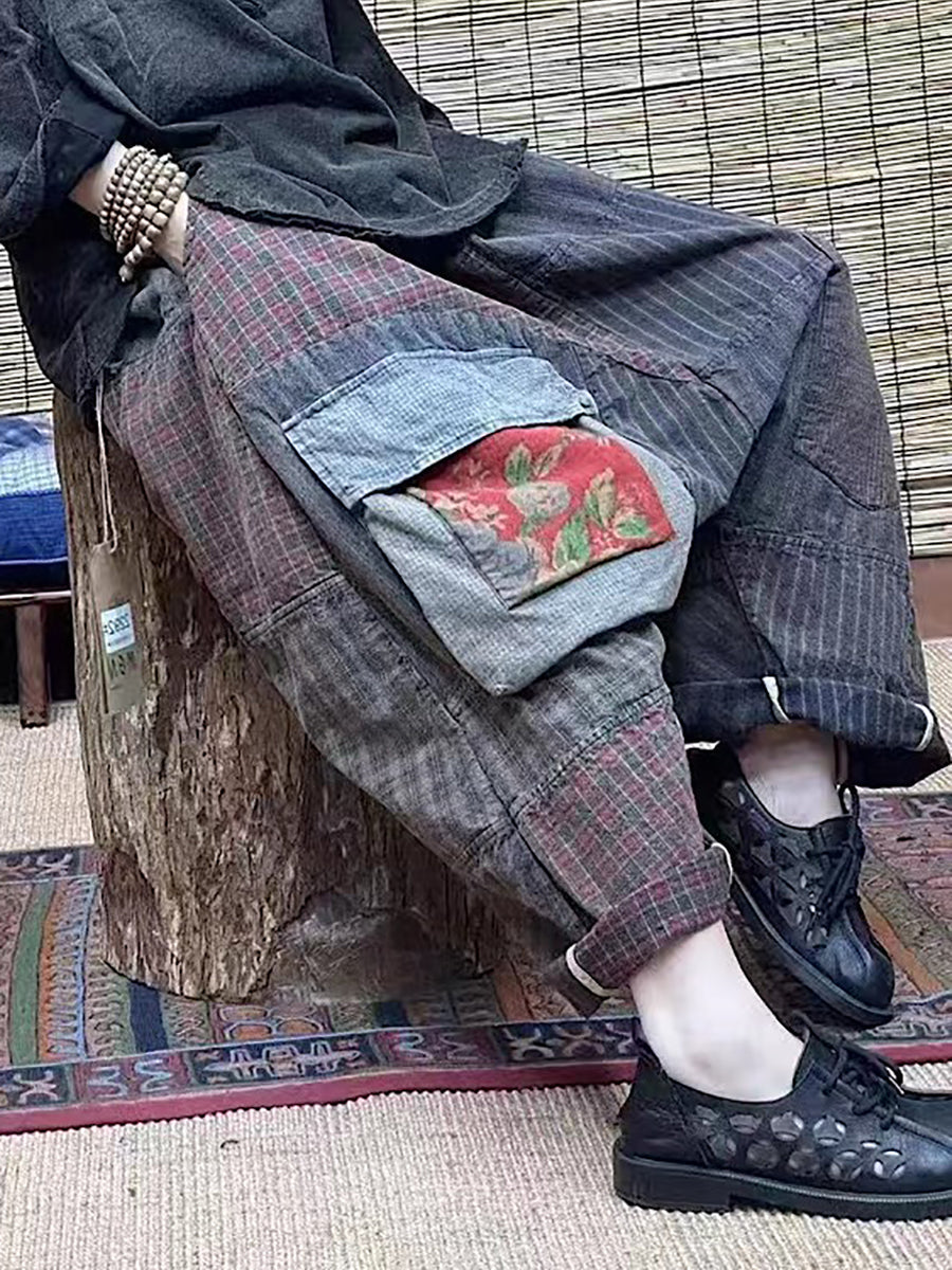 大尺碼女中國風拼布口袋寬鬆褲