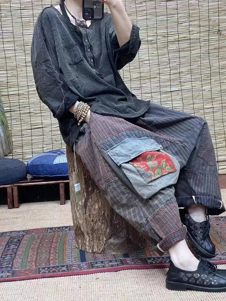 大尺碼女中國風拼布口袋寬鬆褲