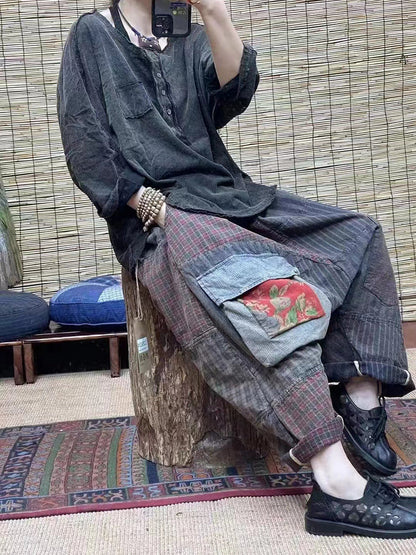 大尺碼女中國風拼布口袋寬鬆褲