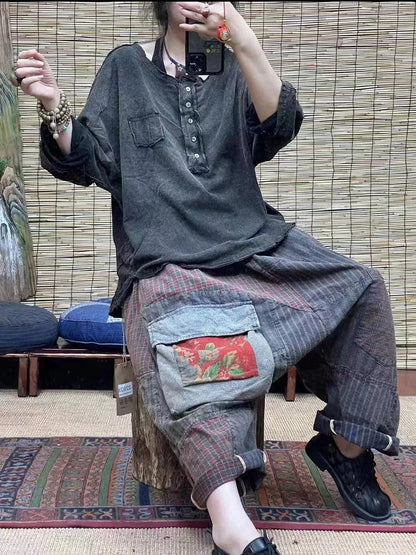大尺碼女中國風拼布口袋寬鬆褲