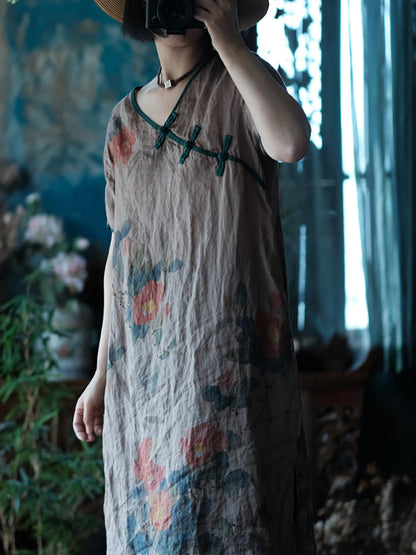女款民族夏季花朵印花搭扣亞麻連身裙