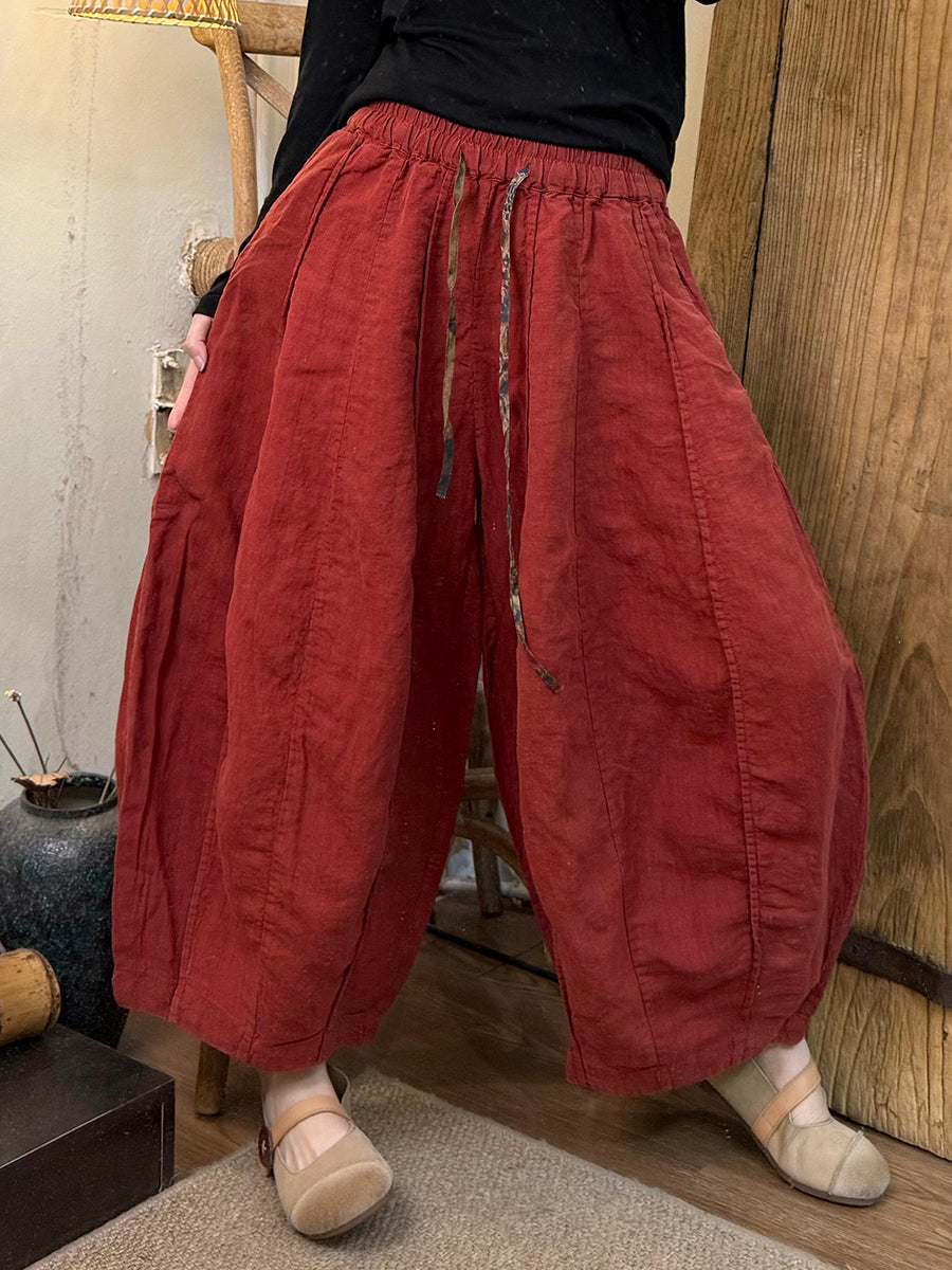 女士春季純色亞麻哈倫褲