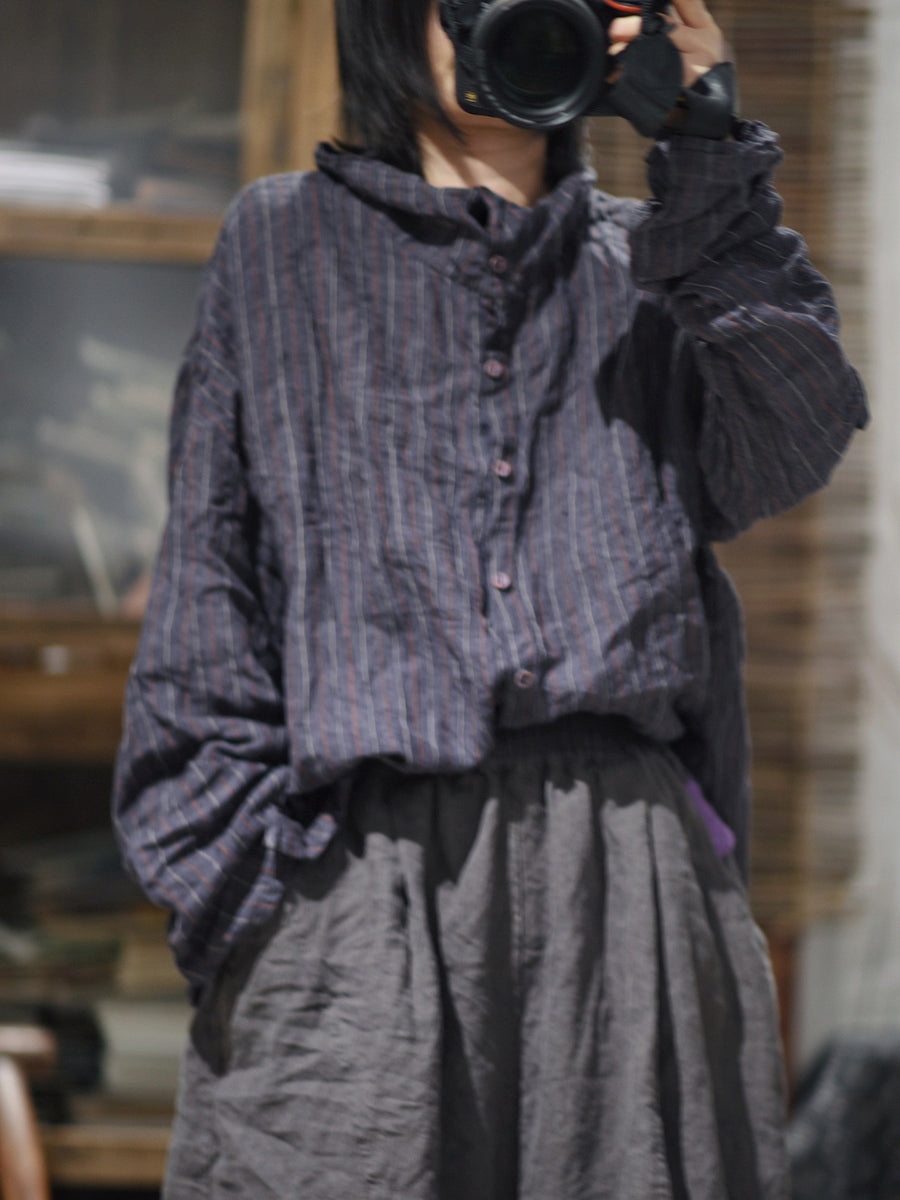 女士復古春季條紋亞麻襯衫