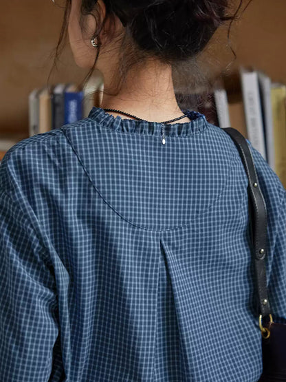 女士春季格紋 V 領 100% 純棉襯衫