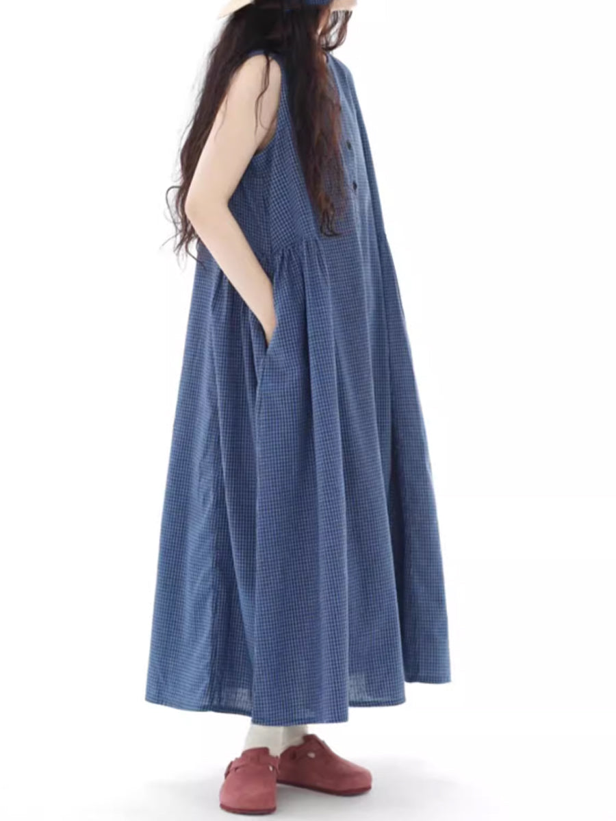 女士夏季藝術格紋寬鬆牛仔背心連身裙