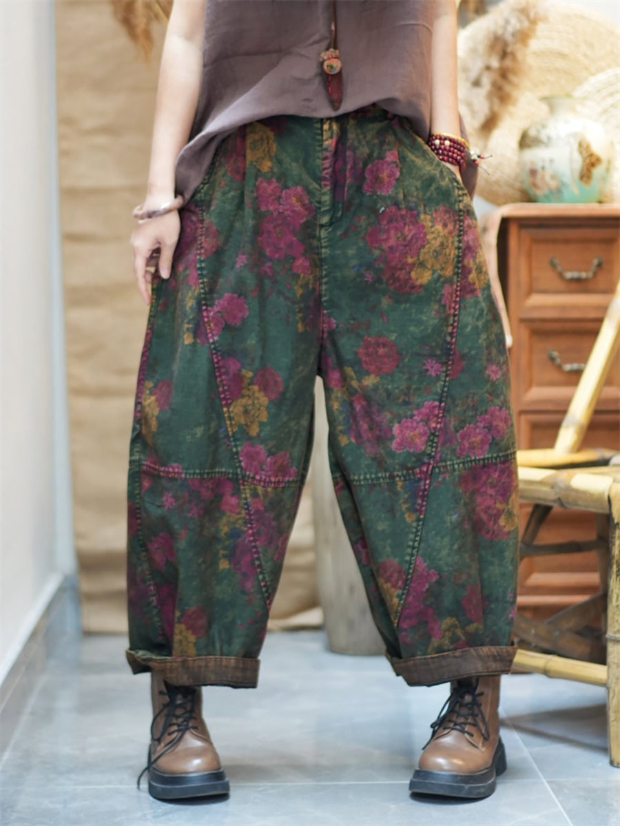 女士春季復古花朵棉質哈倫褲
