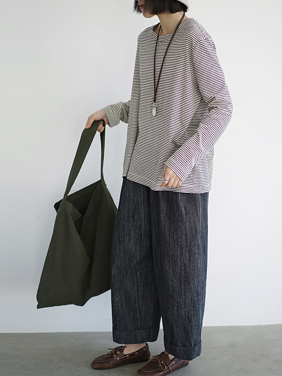 女士春季休閒條紋圓領純棉襯衫
