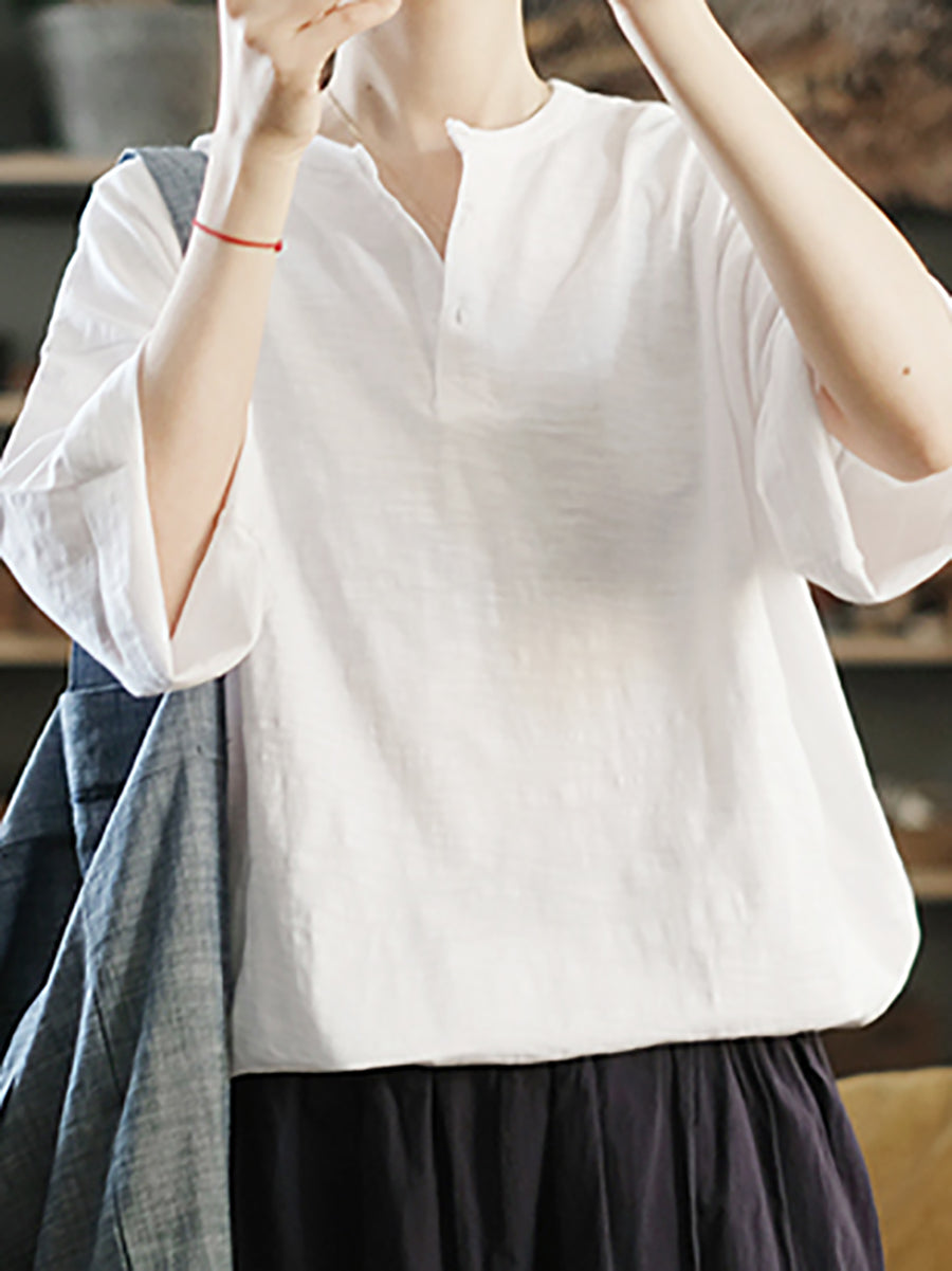 女士夏季休閒純色圓領 100% 純棉襯衫