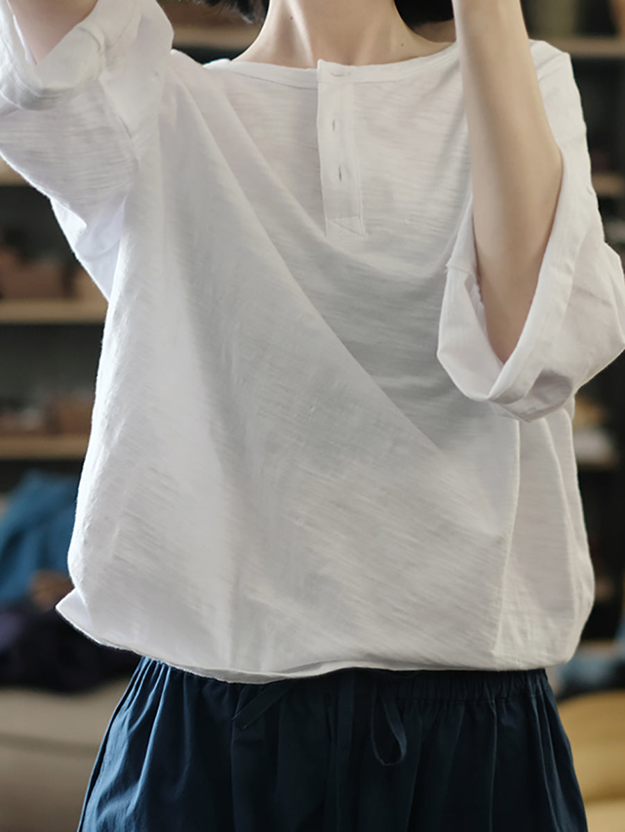 女士夏季休閒純色圓領 100% 純棉襯衫