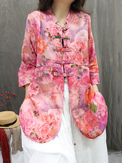 女士夏季立領花朵 100% 苧麻開襟衫