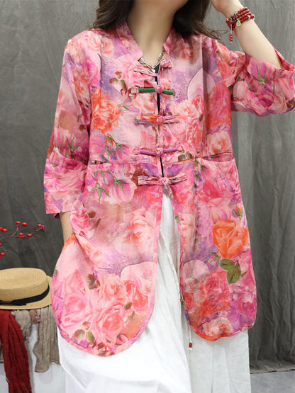 女士夏季立領花朵 100% 苧麻開襟衫