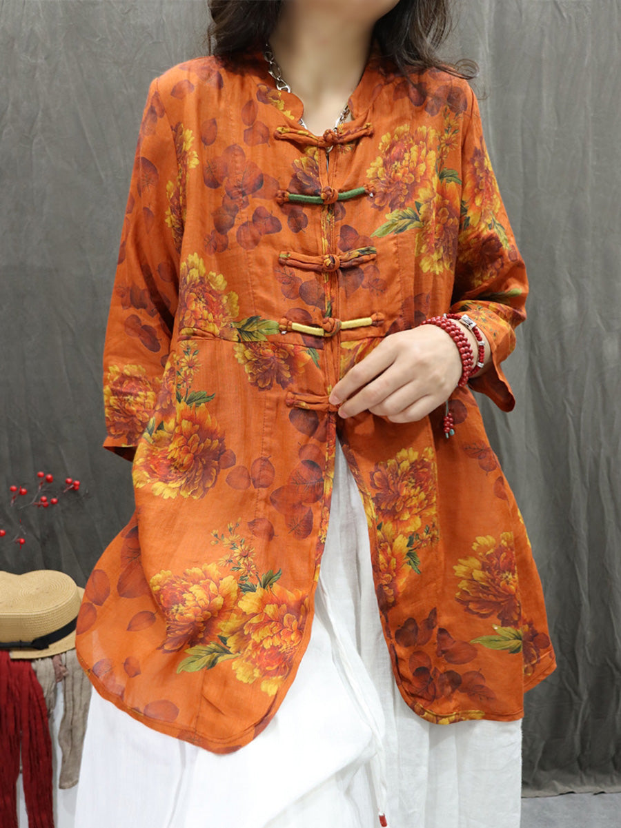 女士夏季立領花朵 100% 苧麻開襟衫