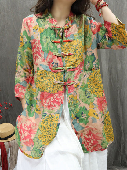 女士夏季立領花朵 100% 苧麻開襟衫