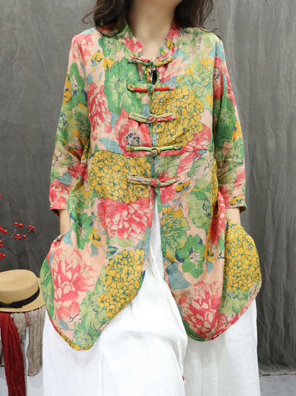 女士夏季立領花朵 100% 苧麻開襟衫