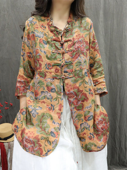 女士夏季立領花朵 100% 苧麻開襟衫