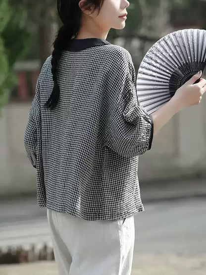 女士春季翻領格紋 100% 亞麻襯衫