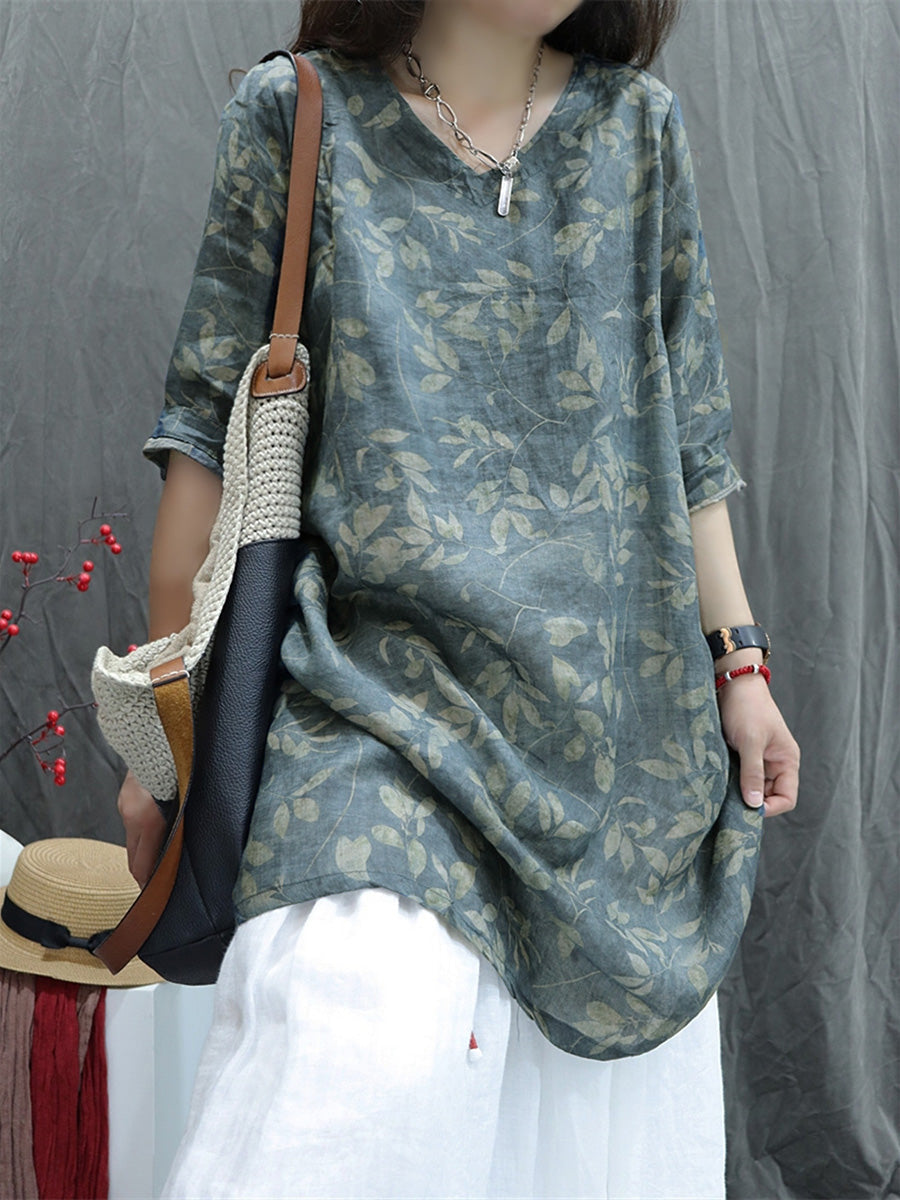 女士夏季藝術 V 領花朵 100% 苧麻襯衫