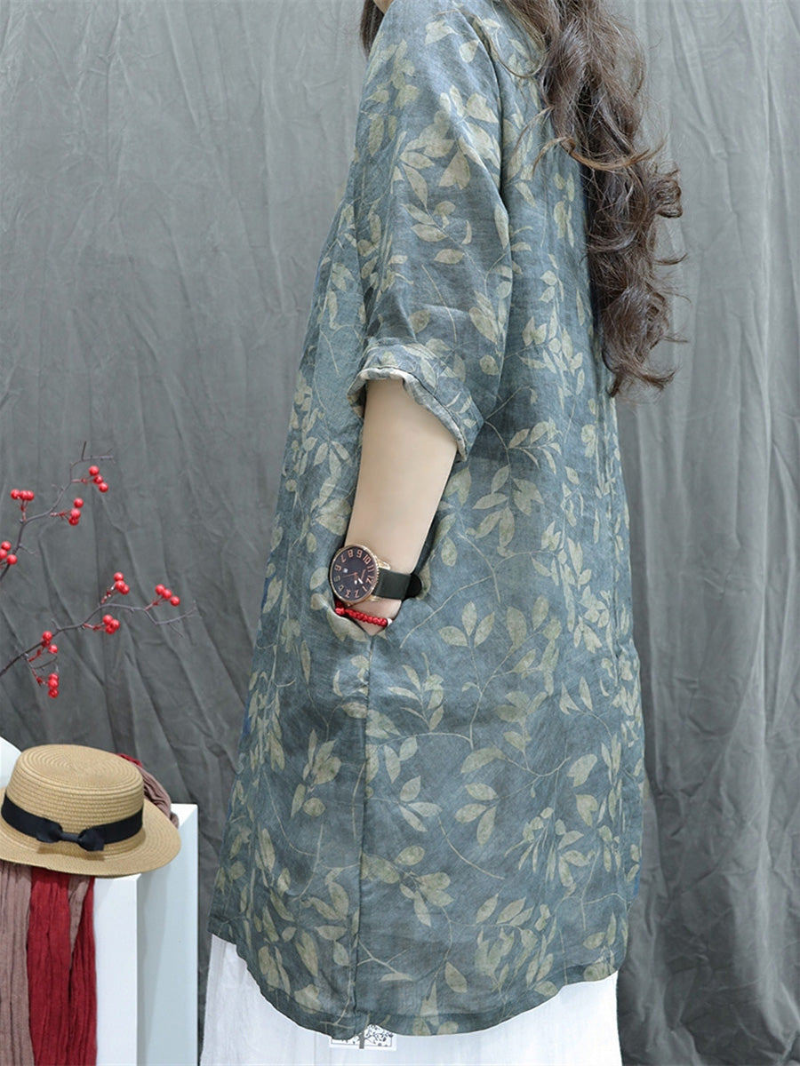 女士夏季藝術 V 領花朵 100% 苧麻襯衫