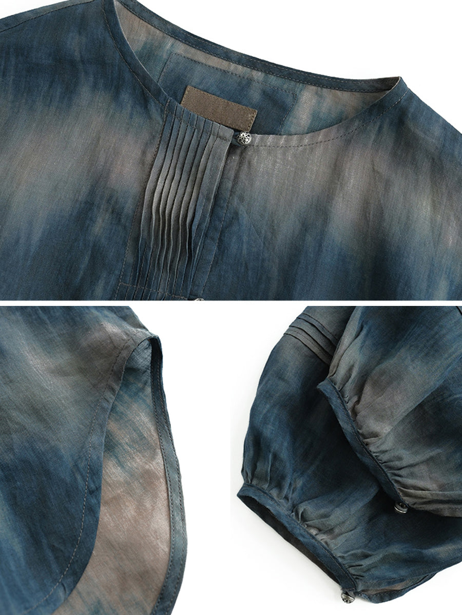 女士夏季藝術紮染圓領 100% 苧麻襯衫