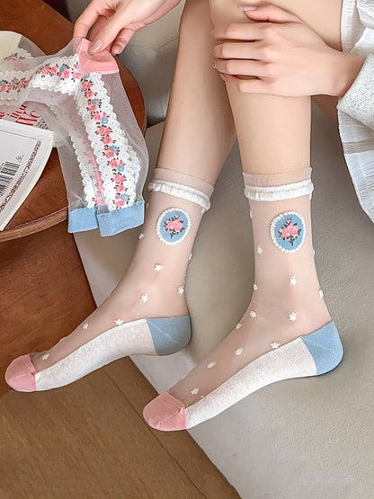 3雙裝女士夏季花朵提花長襪