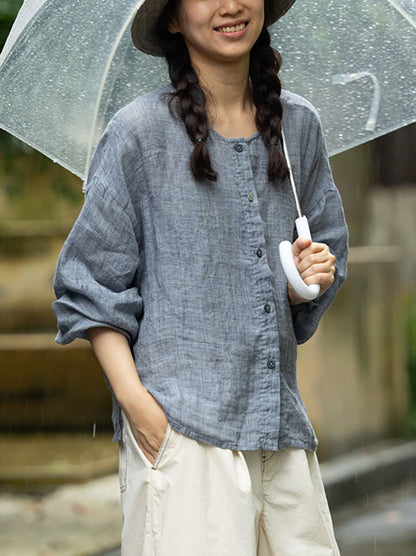 女士夏季休閒純色圓領100%亞麻襯衫
