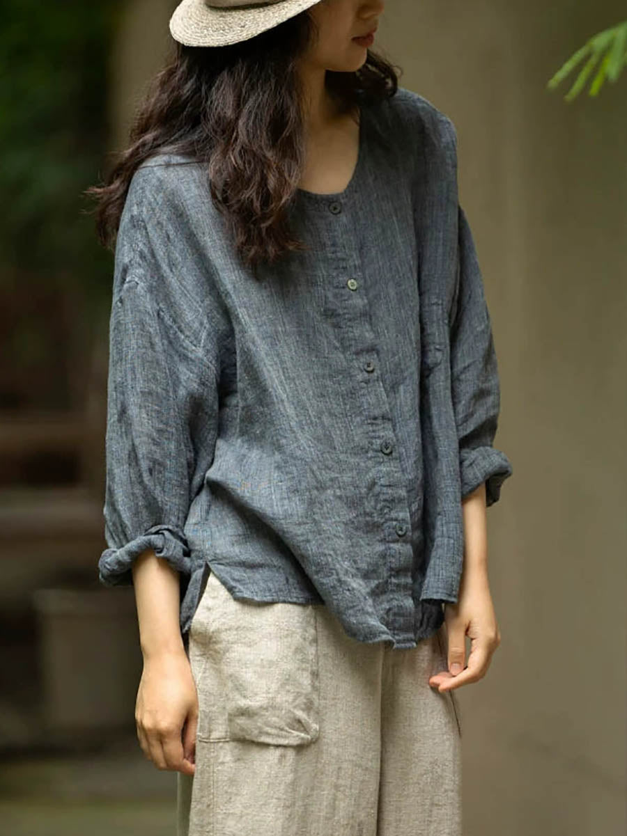 女士夏季休閒純色圓領100%亞麻襯衫