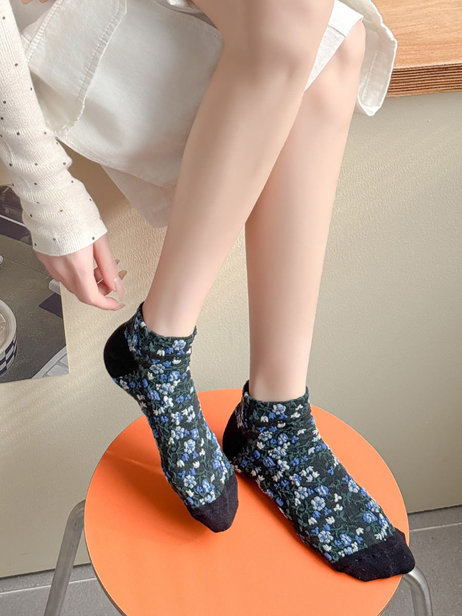 5雙女士藝術花卉提花拼色短襪