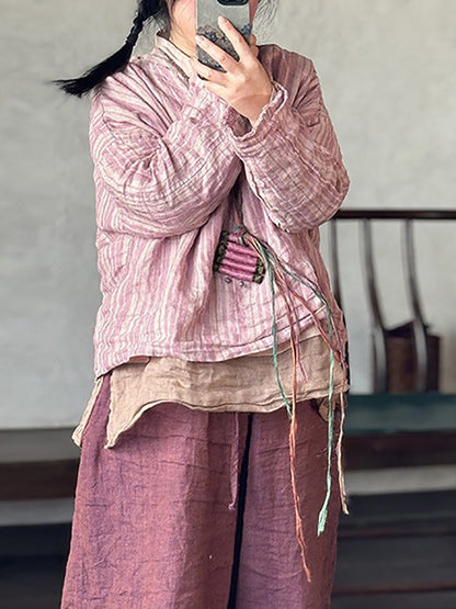女士夏季復古條紋 V 領亞麻襯衫