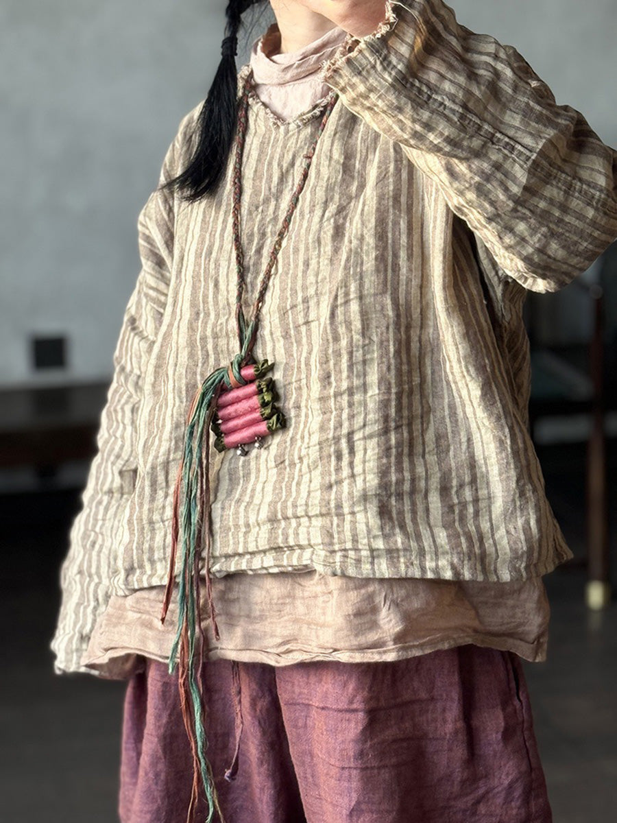 女士夏季復古條紋 V 領亞麻襯衫
