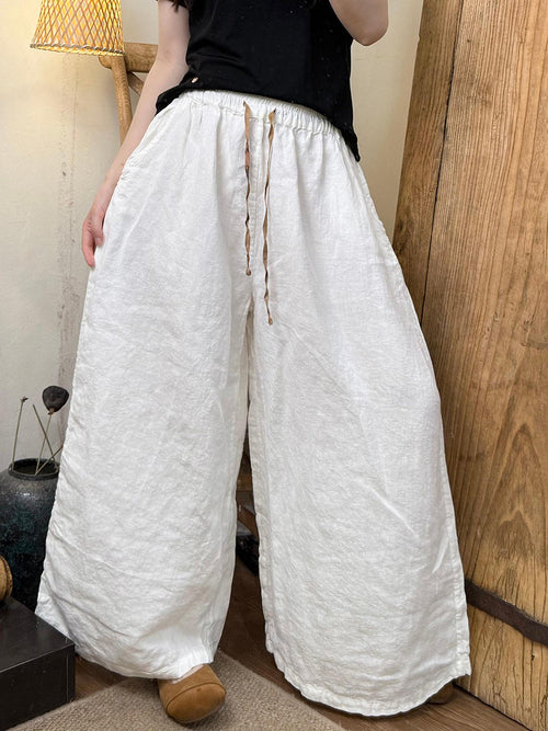 女士夏季休閒純色亞麻寬褲