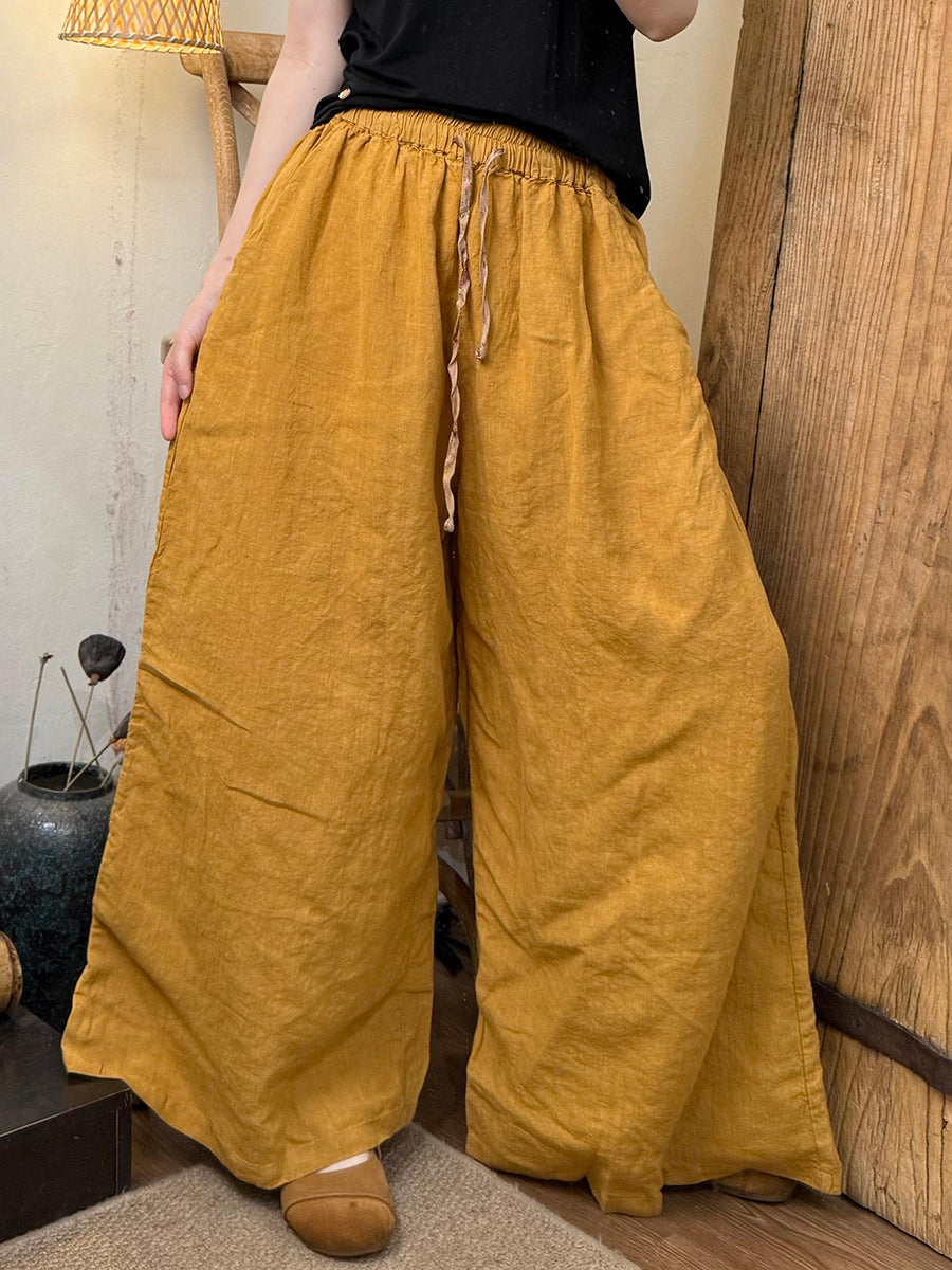 女士夏季休閒純色亞麻寬褲