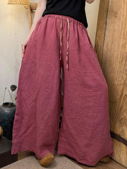 女士夏季休閒純色亞麻寬褲