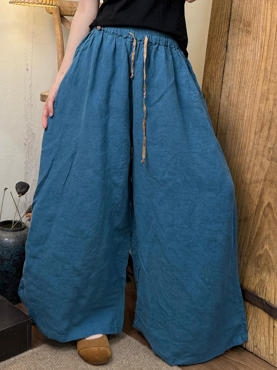 女士夏季休閒純色亞麻寬褲