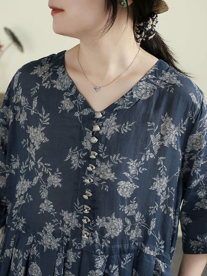 女款夏季復古花朵V領100%苧麻連身裙