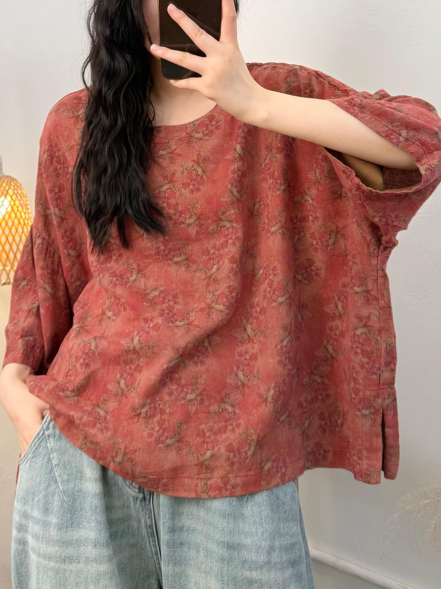 女士夏季休閒花朵圓領棉質寬鬆襯衫