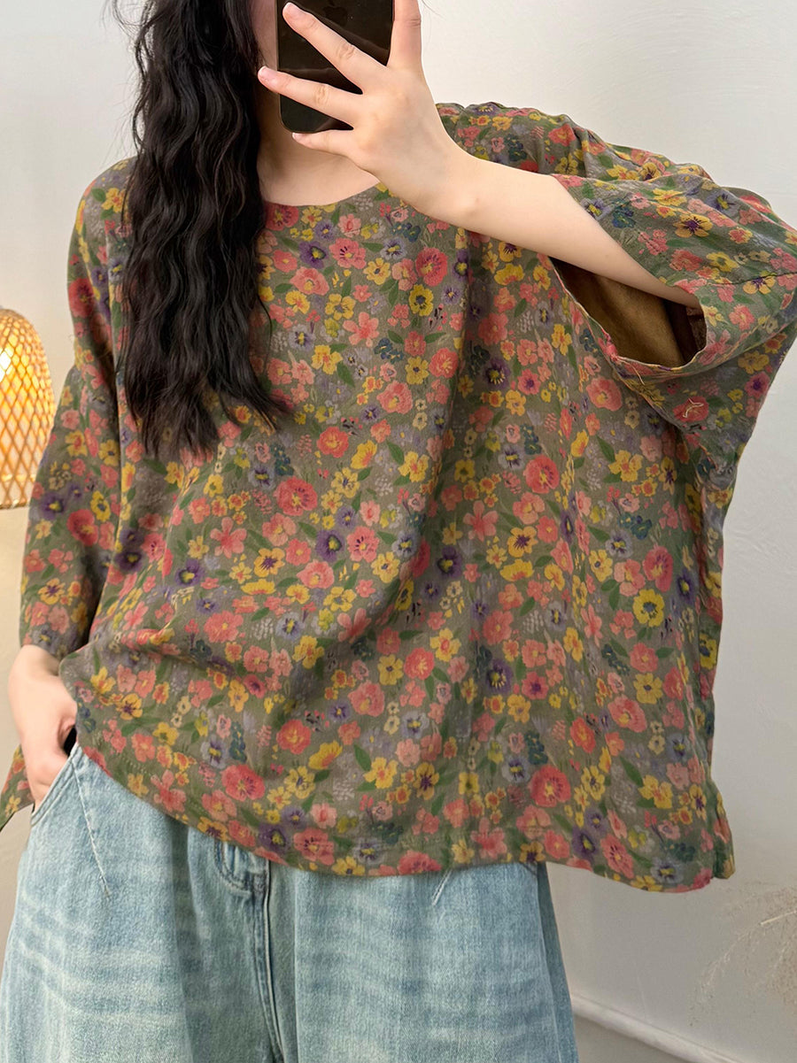 女士夏季休閒花朵圓領棉質寬鬆襯衫