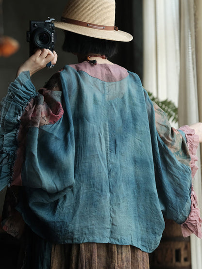 女士夏季復古花朵拼接亞麻襯衫外套