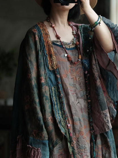 女士夏季復古花朵拼接亞麻襯衫外套