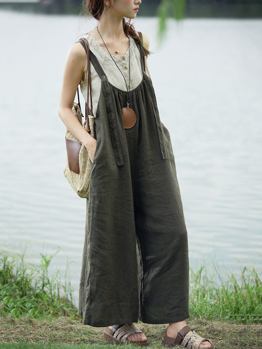 女士夏季復古純色100%亞麻連身褲